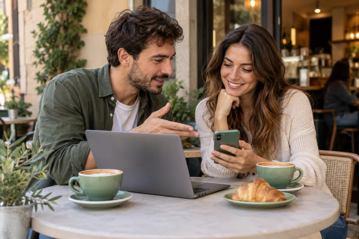 Due persone consultano un portatile e un telefono durante una conversazione