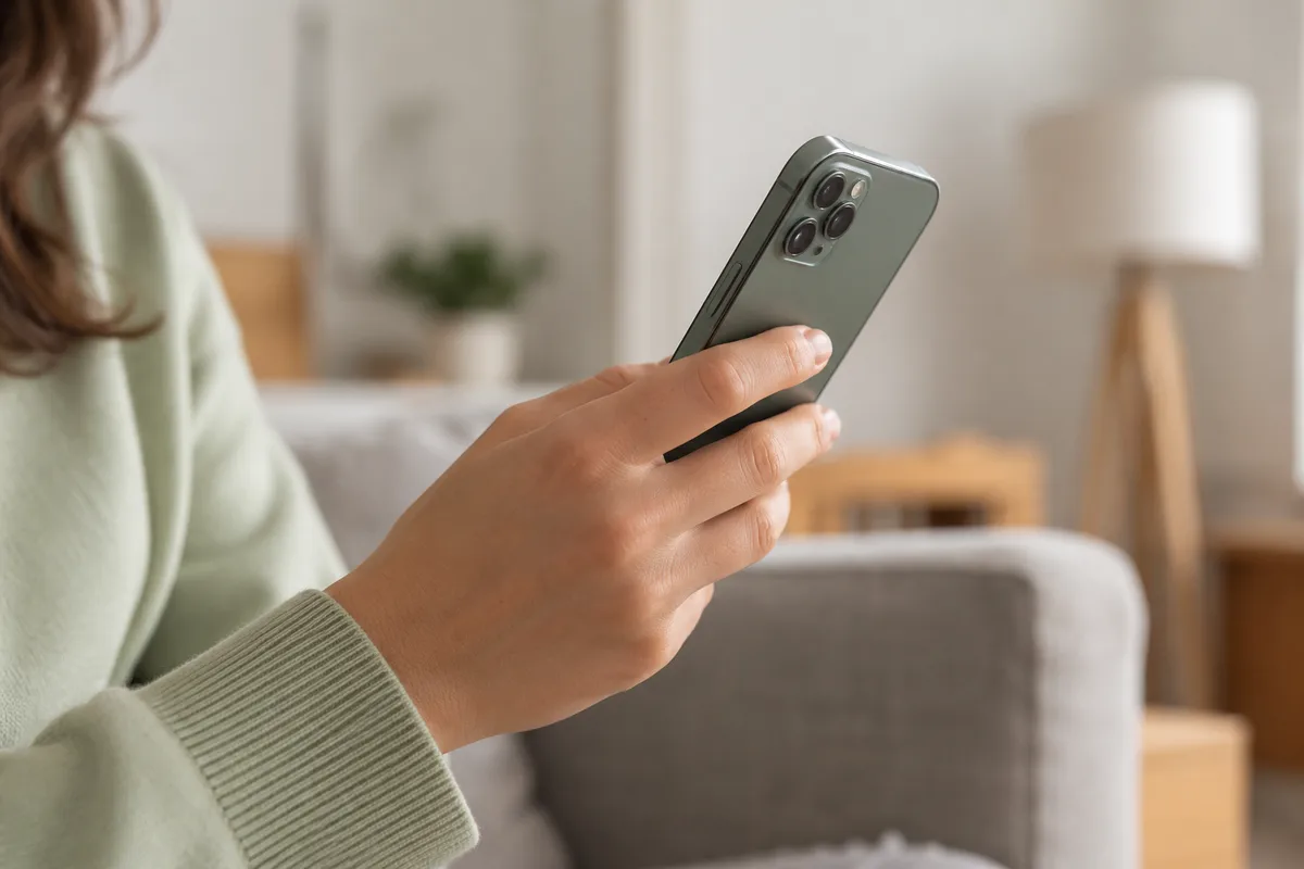 Una mano tiene un telefono con lo schermo rivolto lontano dall’obiettivo
